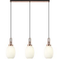 Yorktown Linear 3 Light Ceiling Pendant E27 With 20cm Almond Ribbed Glass, Opal Copper, Matt Black