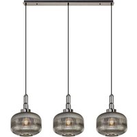 Yorktown Linear 3 Light Pendant E27, Black Chrome, Matt Black With 30cm Round Ribbed Smoked Glass