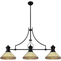 Westfield, 3 Light Linear Ceiling Pendant E27 With 30cm Tiffany Shade, Matt Black, Amber, Cream, Crystal