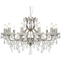 Satin Silver 12 Light Chandelier In Clear Crystal Drops