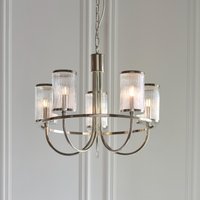 Belgravia 5 Light Ceiling Pendant Light In Bright Nickel With Ribbed Bubble Glass Shades
