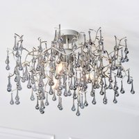 Osier 3 Light Semi Flush Ceiling Light In Aged Silver With Smokey Glass Teardrops