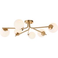 Aaron Multi Arm Semi Flush Ceiling Lamp Brushed Aged Brass Plate & Matt Opal Glass 6x G9