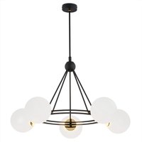 Amalfi Globe Pendant Ceiling 5 Light Opal Matt, Black Structure, Brass Elements